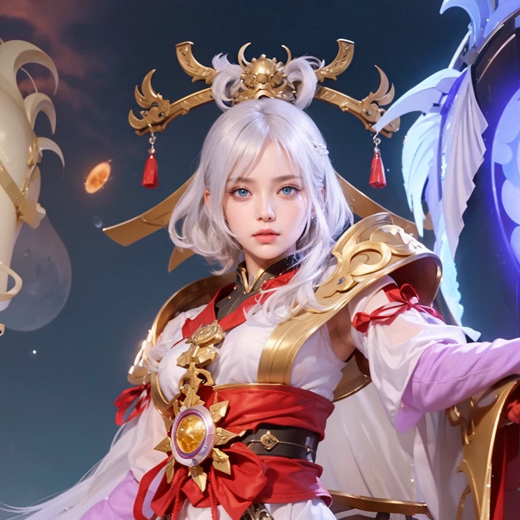 A beautiful woman. 20s. Blonde hair and blue eyes. Short hair. She is looking at the camera with a defiant expression. She wears a silver metallic battle uniform. There is something on his waist that is reminiscent of Kamen Rider's transformation belt. In her background is an image of outer space and a giant space battleship. A masterpiece.