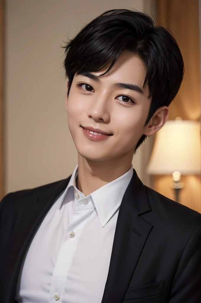 (Masterpiece、Perfect beauty), (Young Man, Black short hair, smile), (secretary, suit), President's office, Modern Office, night