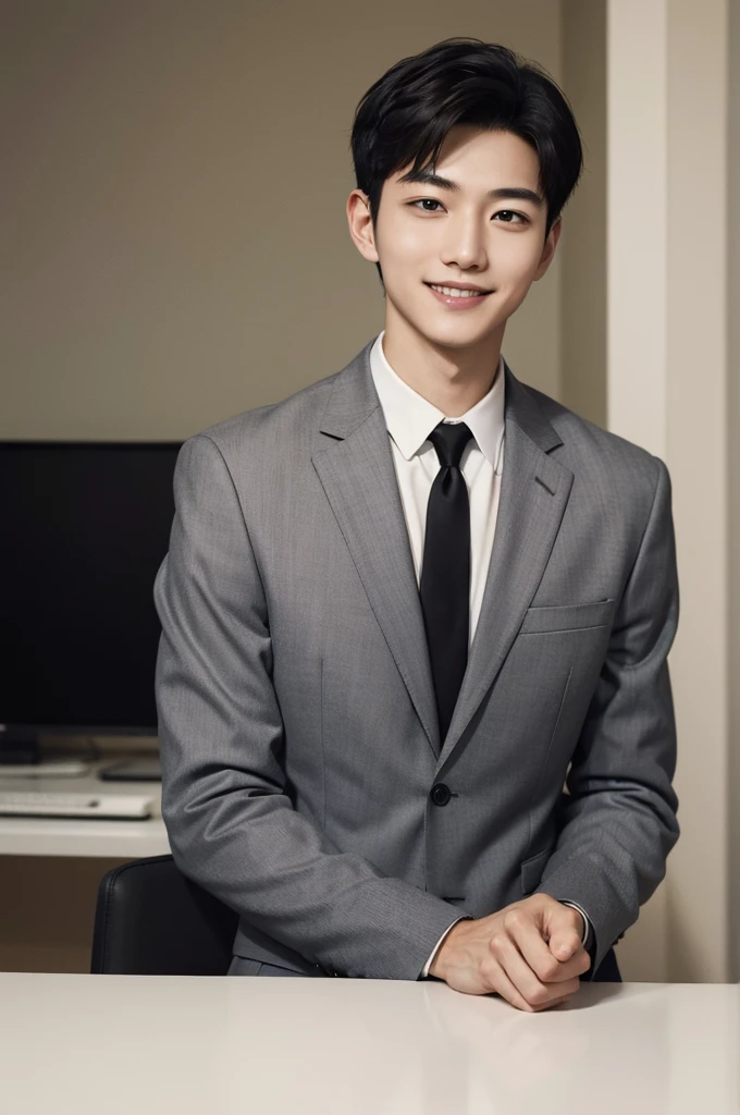 (Masterpiece、Perfect beauty), (Young Man, Black short hair, smile), (secretary, suit), President's office, Modern Office, night