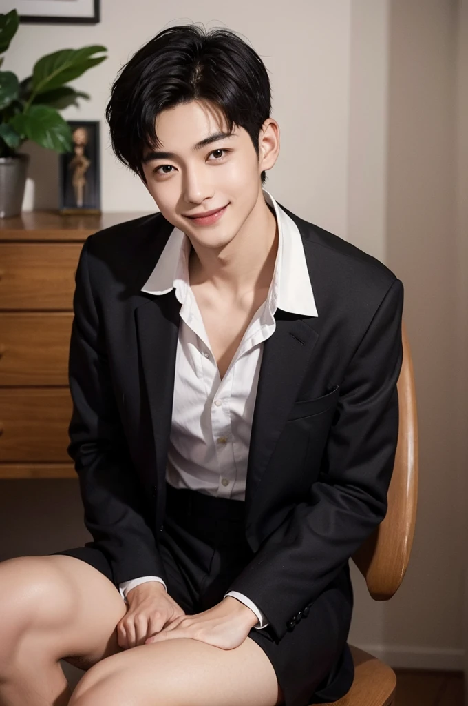 (Masterpiece、Perfect beauty), (Young Man, Black short hair, smile), (secretary, suit), President's office, Modern Office, night