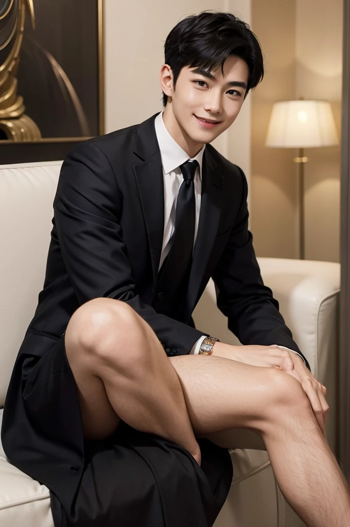 (Masterpiece、Perfect beauty), (Young Man, Black short hair, smile), (secretary, suit), President's office, Modern Office, night