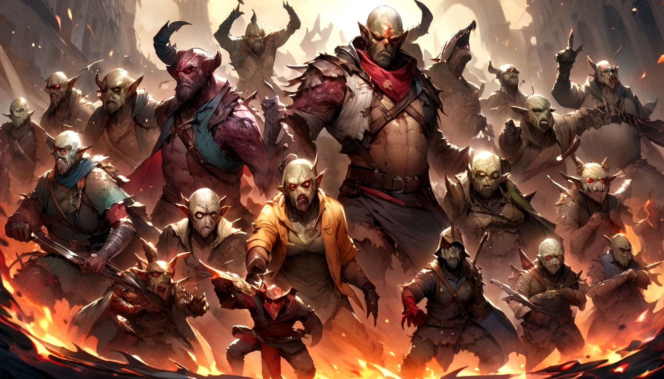 A weak team, powerless to resist, helplessly watches as the giant evil spirit gets closer and closer to them, their expressions filled with helplessness and despair, surrounded by a sense of oppression, , 32k, best quality, masterpiece, super detail, high details,