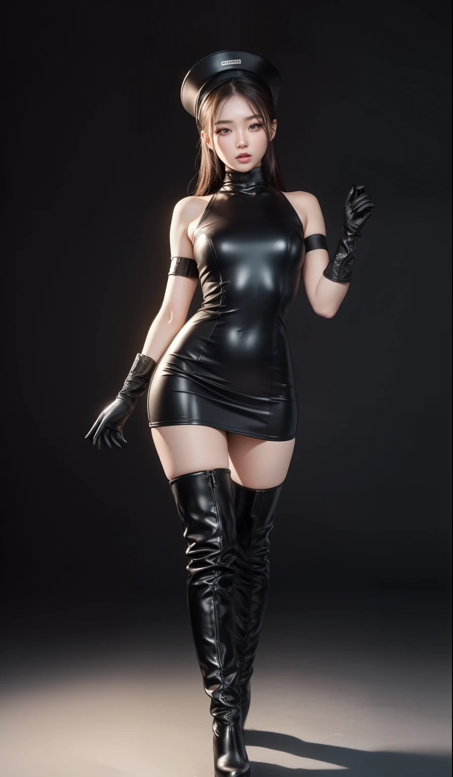 8K, masterpiece, RAW Photos, Highest quality, detailed:1.2),Realistic, Extremely detaileded CG unifies 8K, 8K, diamond, wallpaper, Depth of written boundary, Bright interior, Lens flare, Ray Tracing, (Very beautiful face, Beautiful Lips, Beautiful Eyes), intricate detailed face, ((ultra detaileded skin)) One girl, Cute Korean Girl, K-Pop Idols,(Slim figure), ((Displaying the viewer)), (Bodycon mini dress),(High neck),(Injection Sleeve) ,(Opera Gloves:1.5),(Knee-high boots:1.5),Cute Korean Girl,Clear Eyes, walking , (Pale skin), (Big eyes), ((Full Body Shot:1.5)), Bodycon mini dress, Tight mini dress , Colorful mini dresses, Solid color dress, Turn back, Side Shot, Slim figure, Healthy Thighs, Thigh Gap