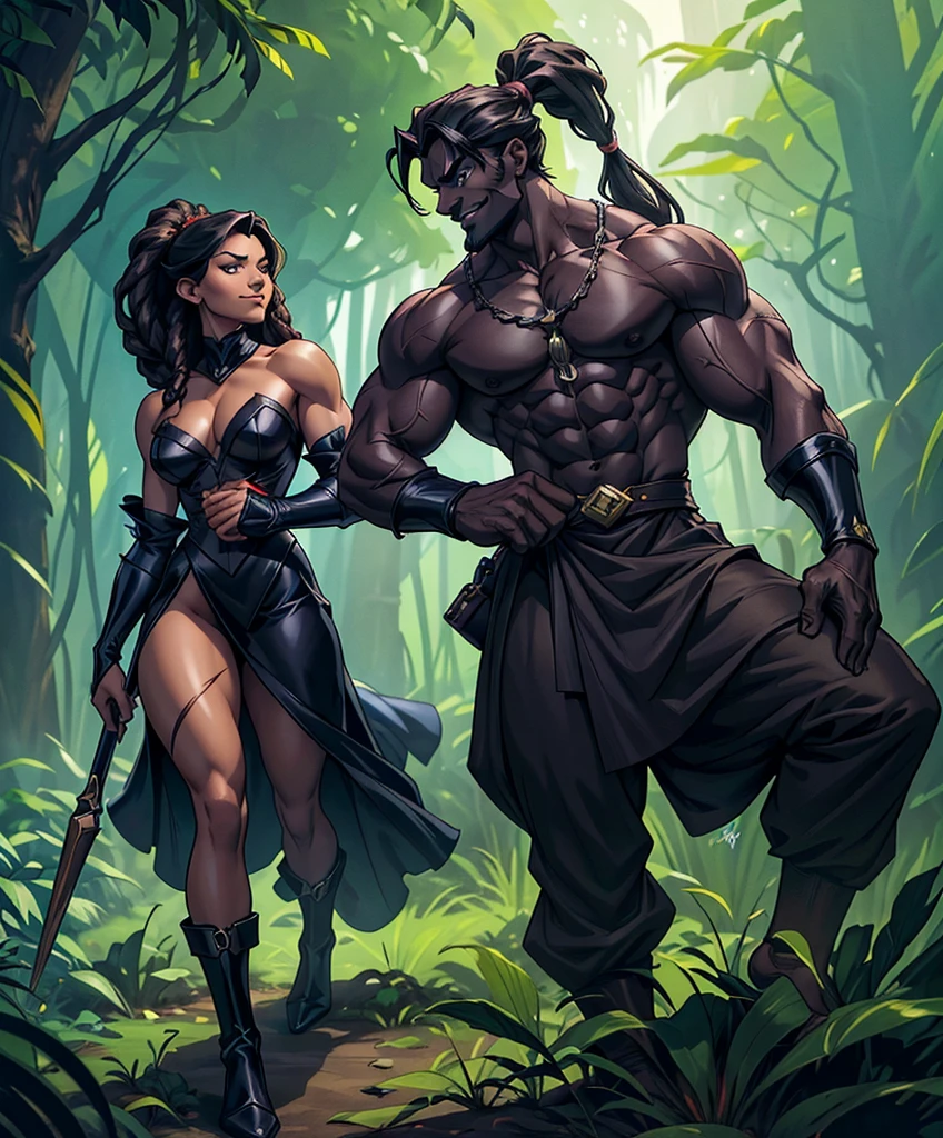(((Luxurious shoulder-length black hair in dreadlocks, dark complexion, and sexy smirk.))) (((18 years old.))) (((18yo.))) (((Cute smirk.))) (((Single character image.))) (((1boy))) In this captivating artwork, delve into the depths of treachery and deceit as you portray a member of the jungle tribe who embodies cunning and untrustworthiness. This character, thin and wiry, exudes an air of arrogance and smugness, reveling in their villainous nature. (((Looks African American and looks like a human version of the Disney villain Scar.)))
With a physique that belies their deceptive prowess, this character possesses a lean and sinewy frame, emphasizing their agility and ability to navigate the shadows. Their appearance draws inspiration from Scar, with a sleek and angular countenance that hints at their cunning nature.
Clad in attire that reflects their scheming persona, their clothing is adorned with dark and intricate patterns, symbolizing their affinity for manipulation and intrigue. Their garments, crafted from lightweight materials, allow for swift and silent movements, aiding them in their nefarious endeavors.
Their facial expressions and body language exude an air of superiority, with a smug and self-assured demeanor that leaves no doubt about their villainous intentions. Their eyes, sharp and calculating, seem to hold secrets and hidden agendas, inviting viewers to question their every move.
The surrounding jungle environment, while vibrant and teeming with life, takes on an eerie and foreboding atmosphere. Shadows dance amidst the dense foliage, hinting at the character's ability to blend seamlessly into the darkness. Sinister creatures lurk in the background, their presence echoing the character's malevolence.