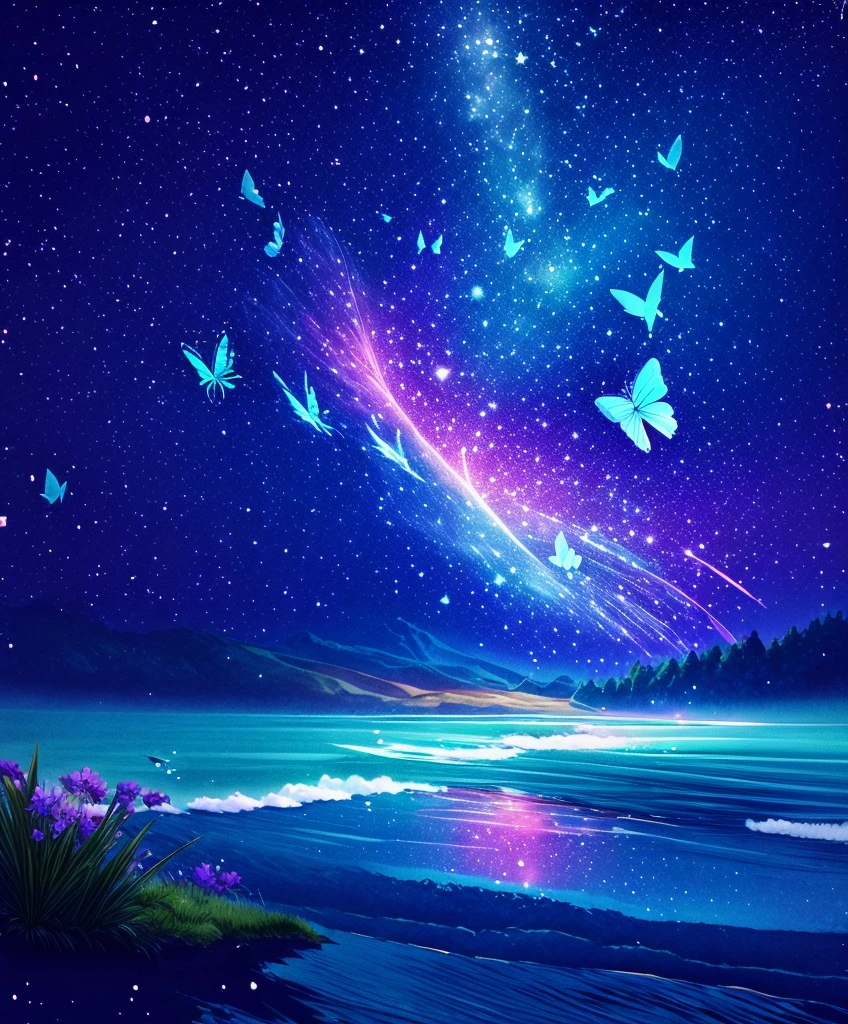 Cute girl characters、Iridescent grass々Drawing a butterfly flying over the water, Looking up at the starry sky. Surround her with colorful nebulae and colorful forests.