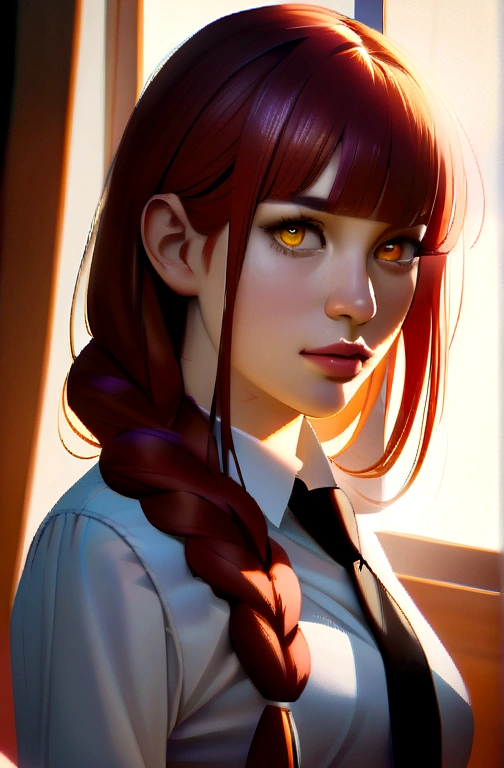 masterpiece, (Realistic:1.4), Highest quality, Beautiful lighting,
(Urzan-6500:0.5), hand \(Chainsaw Man\), (Redhead)+(Long braided hair)+(bangs), Yellow Eyes, Golden Eyes, ((The eyes are round)), (White shirt), (tie),
RAW Photos, 8K Ultra HD, Film Grain 