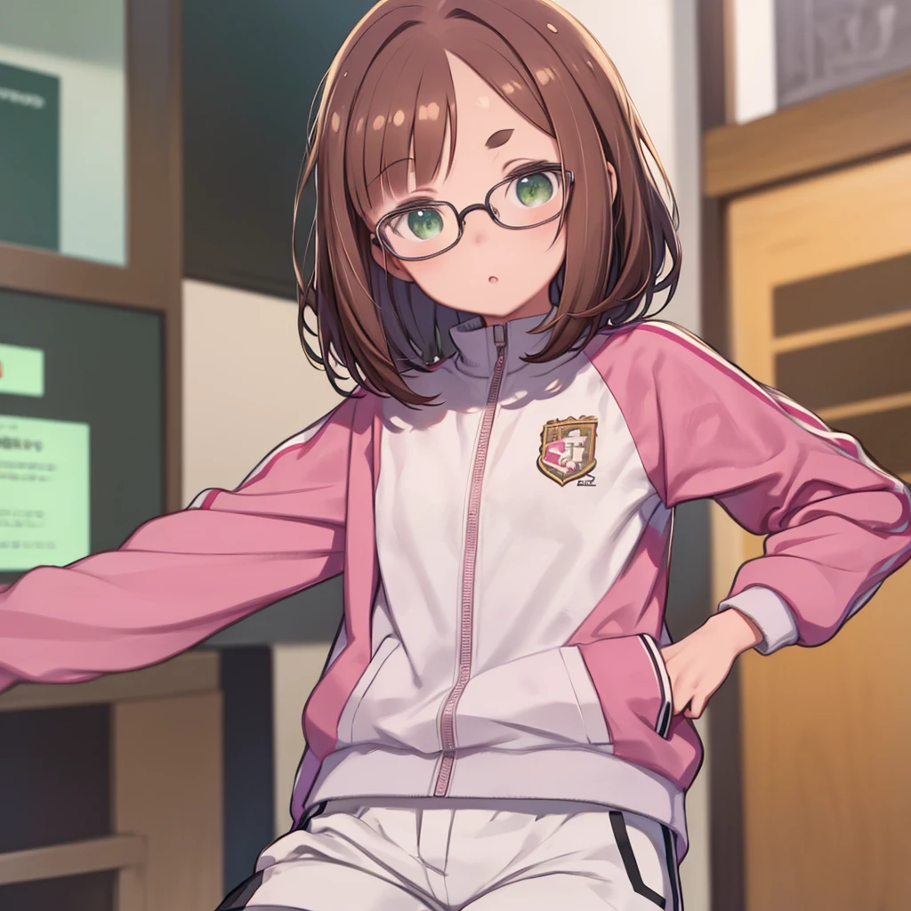 masterpiece, Highest quality, Super detailed, figure, One girl, alone, Maimai Pink, Brown Hair, Medium Hair, Thick eyebrows, Green Eyes, Glasses, 丸いGlasses, Track jacket, Pink jacket, printed jacket, Long sleeve, Partially defrosted, Rolled up my sleeves, White T-shirt, Printed shirt, White shorts