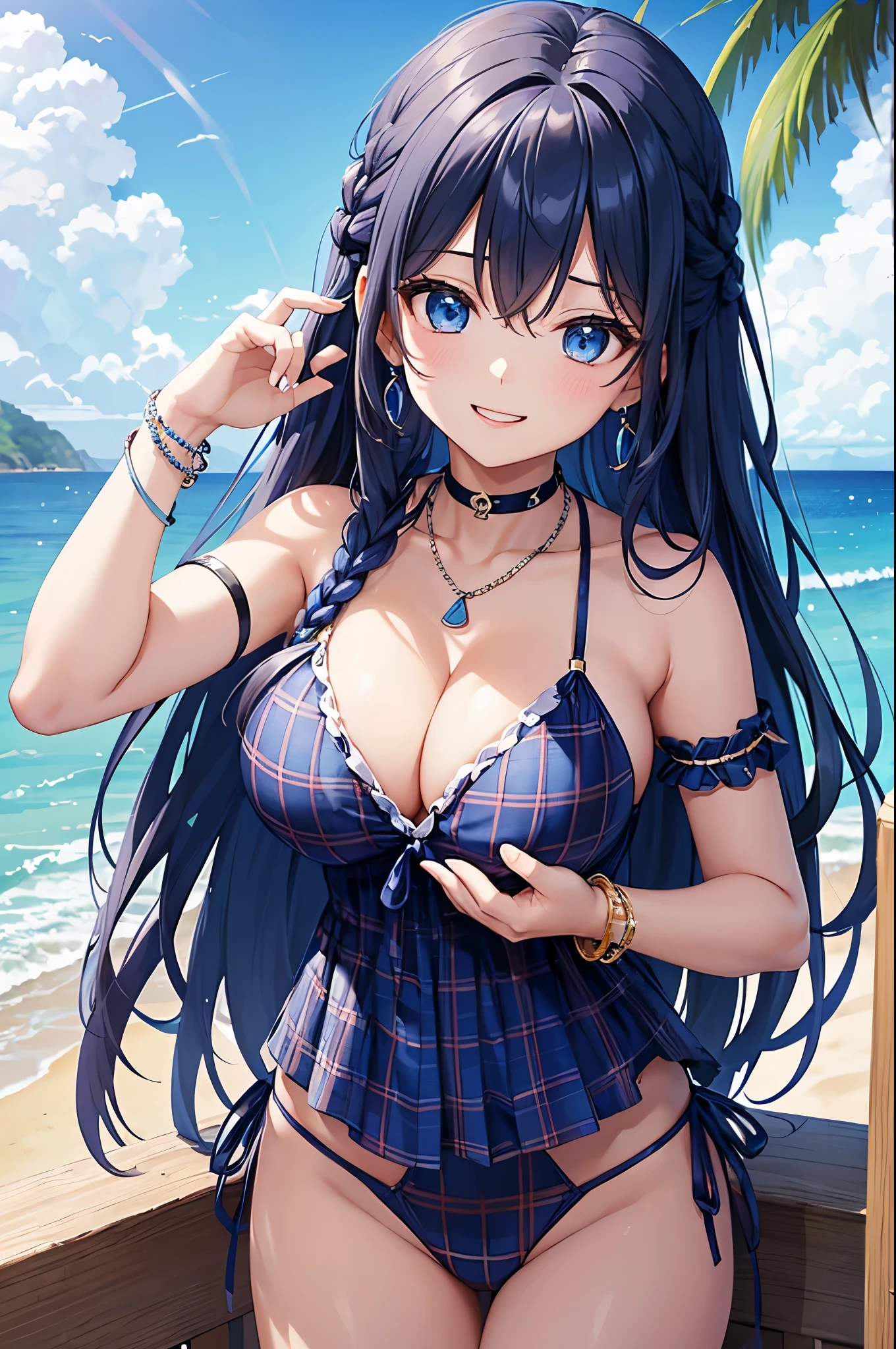 Highest quality、Highest quality、masterpiece、(8K),beauty(Age 25)、Navy blue long hair(Braiding of the sides)、blue eyes、Sexy Bikini(Plaid)、Big cleavage、(Big Breasts)、smile、blue necklace、Blue Earrings、background(Beach)、Please open your mouth wide、bracelet、Arch Pose、Blue choker