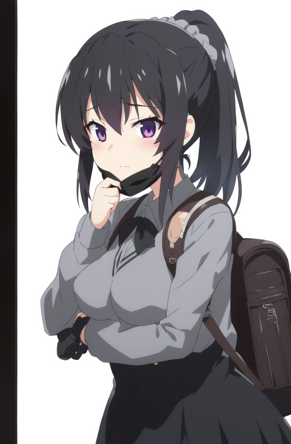 anime girl with a backpack and a mask on her face, purple eyes, anime moe artstyle, cute anime waifu in a nice dress, anime visual of a cute girl, beautiful anime high school girl, gray shirt, short skirt, anime girl with long hair, ponytail hairstyle, high quality anime artstyle, from girls frontline, anime style 4k, mature anime girl, anime girl wearing a black dress, kantai collection style,black shiny hair, taking off the mask, normal breast