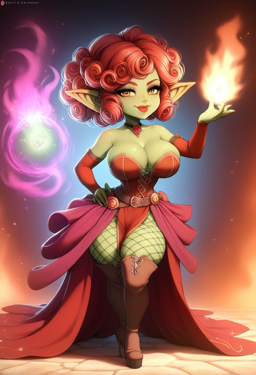 Girl, goblin girl, goblin, green skin, short, short stature, short hair, red hair, curly hair, large breasts, long gloves, thigh boots, pouty lips, masterpiece, best quality, sexy, dynamic pose, 8k, shortstack, sfw, shiny, fantasy, dungeons and dragons, high heels, fishnets, holding, dark green skin, adventurer, slutty pose, sorcerer, sorceress, pyromancer, fire and ice, magic, fire and ice magic, long detailed slutty colorful dress, thigh pouch, very curly hair, lots of belts, curly hairstyle, lipstick, rosy cheeks, smile, eyeshadow, eye liner, belt on hip, magic, magic dress, very detailed, magic user, puffy lips, bright colors, fiery personality, passionate