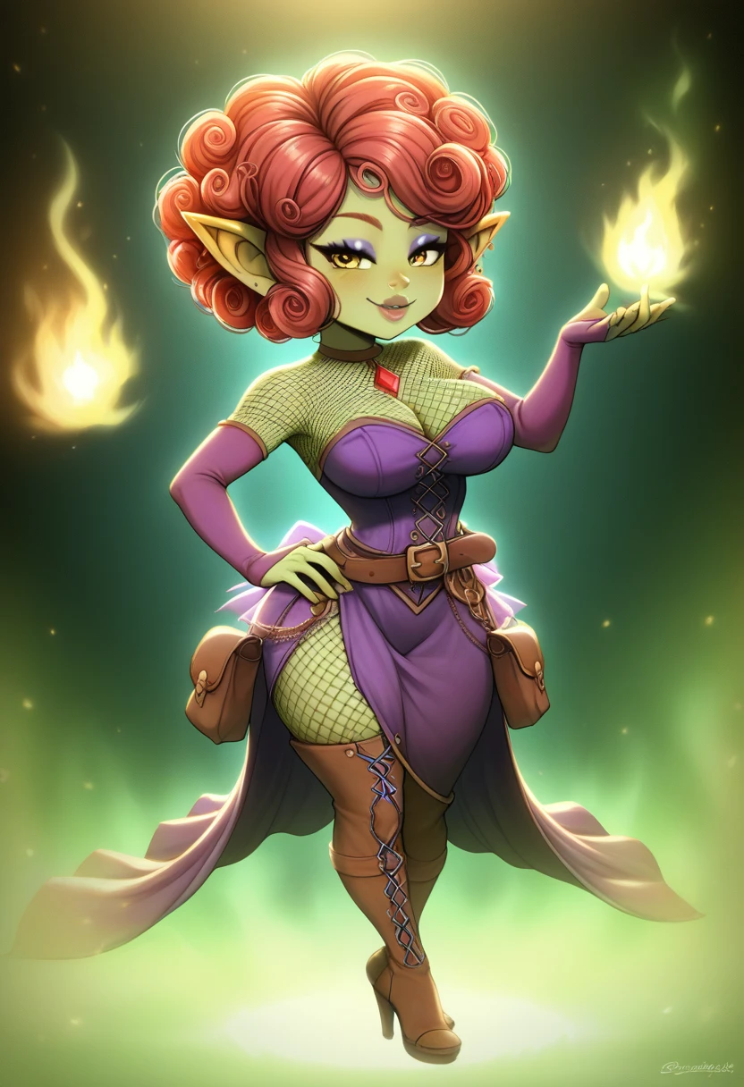 Girl, goblin girl, goblin, green skin, short, short stature, short hair, red hair, curly hair, large breasts, long gloves, thigh boots, pouty lips, masterpiece, best quality, sexy, dynamic pose, 8k, shortstack, sfw, shiny, fantasy, dungeons and dragons, high heels,  fishnets, holding, dark green skin, adventurer, slutty pose, sorcerer, sorceress, pyromancer, fire and ice, magic, fire and ice magic, long detailed slutty colorful dress, thigh pouch, very curly hair, lots of belts, curly hairstyle, lipstick, rosy cheeks, smile, eyeshadow, eye liner, belt on hip, magic, magic dress, very detailed, magic user, puffy lips, bright colors, fiery personality, passionate 