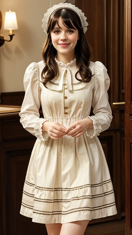 Zooey Deschanel dressed in sexy Belgian traditional clothes and smiling