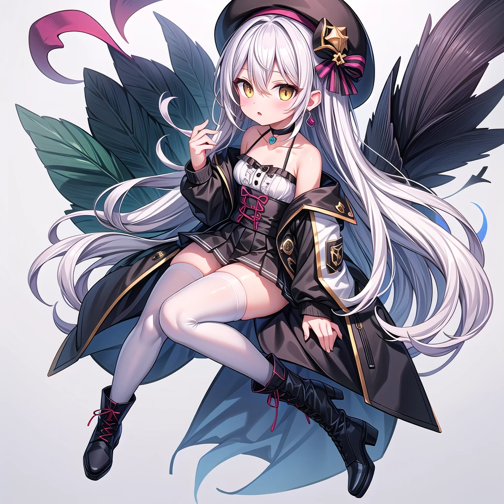 1girl, solo, long hair, breasts, looking at viewer, blush, bangs, skirt, shirt, thighhighs, long sleeves, hat, white background, hair between eyes, bare shoulders, jewelry, very long hair, collarbone, jacket, tail, full body, yellow eyes, white shirt, white hair, pleated skirt, earrings, small breasts, boots, frills, parted lips, open clothes, choker, black skirt, off shoulder, black footwear, white thighhighs, zettai ryouiki, black headwear, beret, black choker, demon tail, high-waist ski