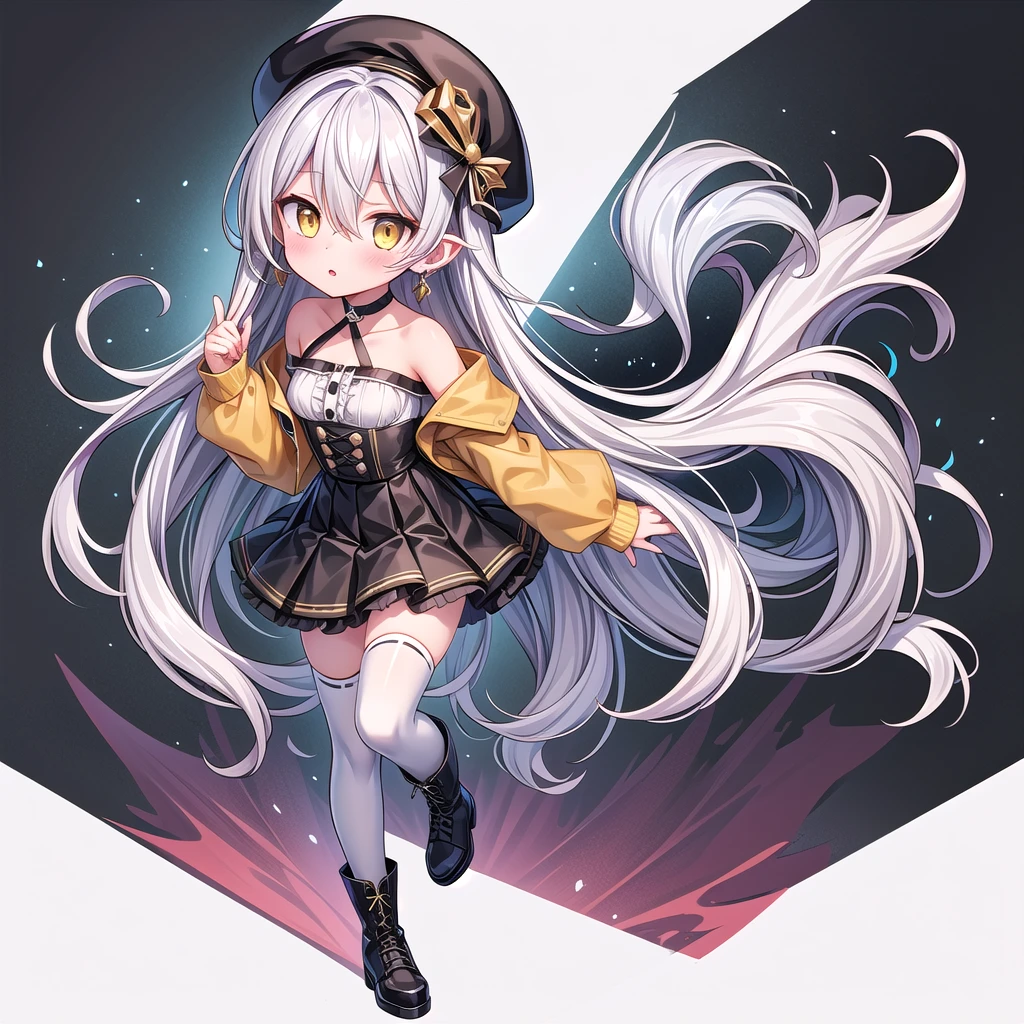 1girl, solo, long hair, breasts, looking at viewer, blush, bangs, skirt, shirt, thighhighs, long sleeves, hat, white background, hair between eyes, bare shoulders, jewelry, very long hair, collarbone, jacket, tail, full body, yellow eyes, white shirt, white hair, pleated skirt, earrings, small breasts, boots, frills, parted lips, open clothes, choker, black skirt, off shoulder, black footwear, white thighhighs, zettai ryouiki, black headwear, beret, black choker, demon tail, high-waist ski