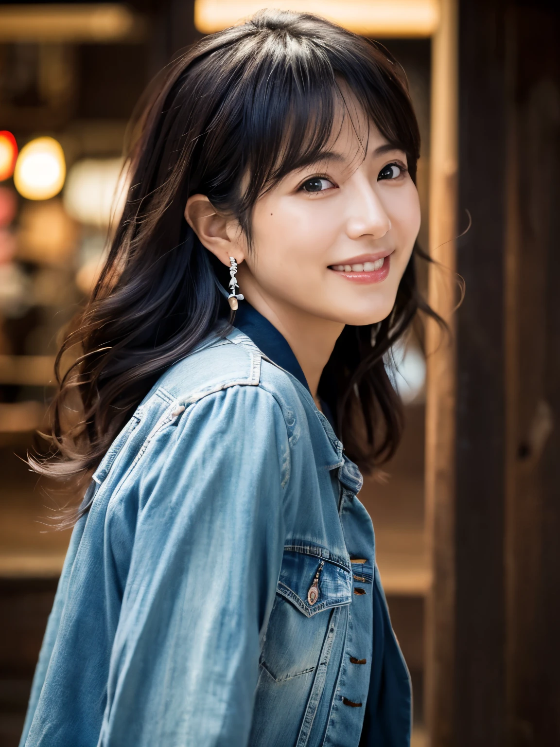 Japanese lady, 40 years old, casual outfit, long black hair, colored inner hair, empty eyes, earrings, smile, depth of field, cinematic lighting, Canon, f/1.2, cowboy shot, UHD, masterpiece, anatomically correct, textured skin, super detail, high quality, 8k, HD