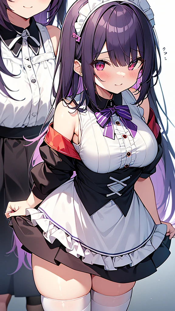最high quality, high quality, Super detailed, 32k, Ultra-detailed details, Sister and maid, ( 立ってる, pretty girl, beautiful purple hair, ショートヘア, Beautiful RED eyes, Big Breasts, A light smile, Red eyes, Off-the-shoulder sleeveless Summer clothes, Summer casual maid clothes, Short skirt, Blue and white color striped underwear, Black knee socks, ローファー, My crotch is wet with love juice, 18-year-old,cute), {{The succubus peels the skin off her sister's face, sticks it on her face, and seduces her by dressing her as a maid.}}, She has transformed from a shy maid into a lewd one., A maid with her sister's face stuck on her face is vigorously pistoning her body, A maid who moves her body vigorously without caring if her breasts bounce, Super detailed, Full body image, 頭からつま先まで, NSFW