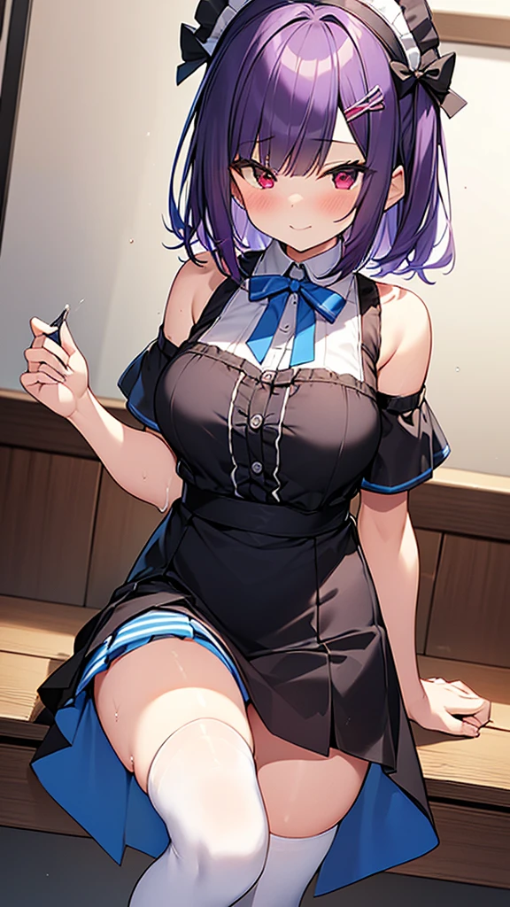 最high quality, high quality, Super detailed, 32k, Ultra-detailed details, waitress(only, Standing, pretty girl, beautiful purple hair, short hair, Beautiful RED eyes, mature, Big Breasts, A light smile, Off-the-shoulder sleeveless Summer メイド服, Summer casual maid clothes, Short skirt, Blue and white color striped underwear, Black knee socks, loafers, My crotch is wet with love juice, 18-year-old,cute), {{A succubus disguised as a waitress approached the target man&#39;s sister, peeled off the skin of the sister&#39;s face, and stuck it on her own face, becoming the waitress succubus&#39;s face., The hem of her skirt is lifted high, exposing her underwear}}, She has transformed from a shy maid into a lewd one., A maid with her sister&#39;s face stuck on her face is vigorously pistoning her body, A maid who moves her body vigorously without caring if her breasts bounce, Super detailed, indoor, Full body image, ((Head to Toe:1.3)), NSFW