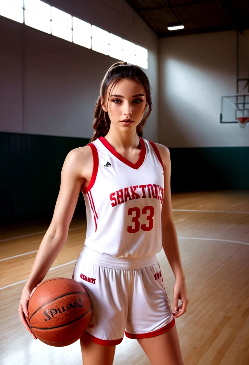 a cute woman in a flattering basketball outfit, playing basketball in an empty gymnasium, detailed face and body, realistic, high quality, 8k, photorealistic, professional lighting, dynamic pose, athletic, sporty, fit, healthy, glowing skin, beautiful eyes, detailed facial features, detailed basketball uniform, shiny hardwood floor, bright and airy gymnasium interior, warm lighting, dramatic shadows, cinematic composition, vibrant colors

