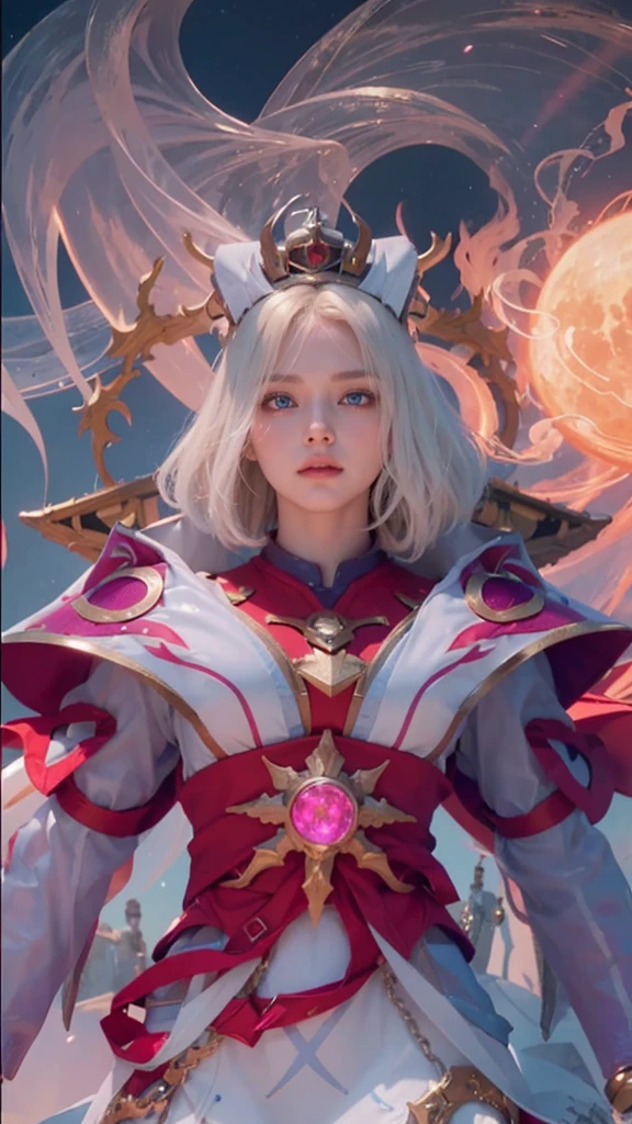 A beautiful woman. 20s. Blonde hair and blue eyes. Short hair. She is looking at the camera with a defiant expression. She wears a silver metallic battle uniform. There is something on his waist that is reminiscent of Kamen Rider's transformation belt. In her background is an image of outer space and a giant space battleship. A masterpiece.