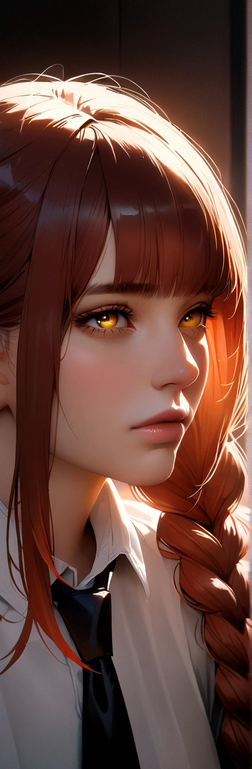 masterpiece, (Realistic:1.4), Highest quality, Beautiful lighting,
(Urzan-6500:0.5), hand \(Chainsaw Man\), (Redhead)+(Long braided hair)+(bangs), Yellow Eyes, Golden Eyes, ((The eyes are round)), (White shirt), (tie),
RAW Photos, 8K Ultra HD, Film Grain