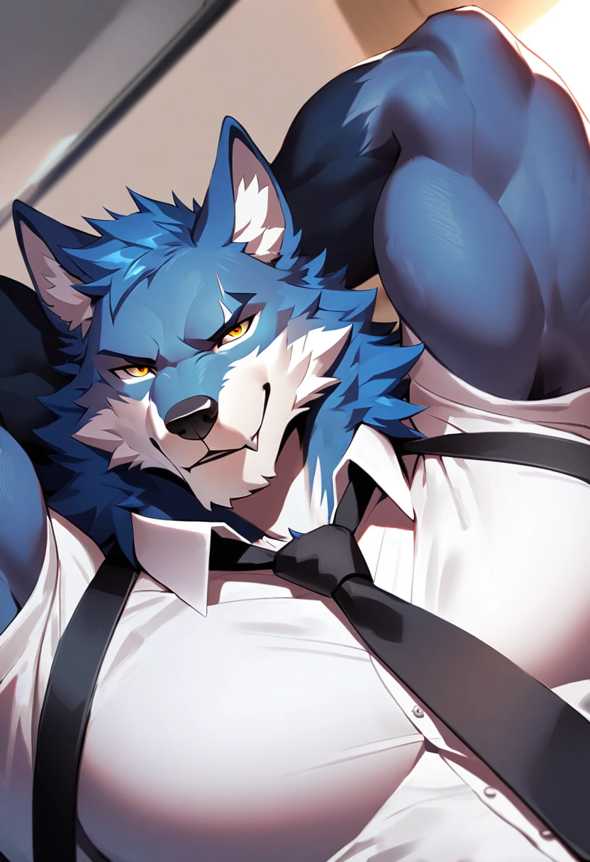 fenrir, wolf, 1boys, male, solo, dark blue fur, muscular, big tits, pecs, cool face, body scars, middle aged, office attire, black tie, laying, bottom angle, arms behind head