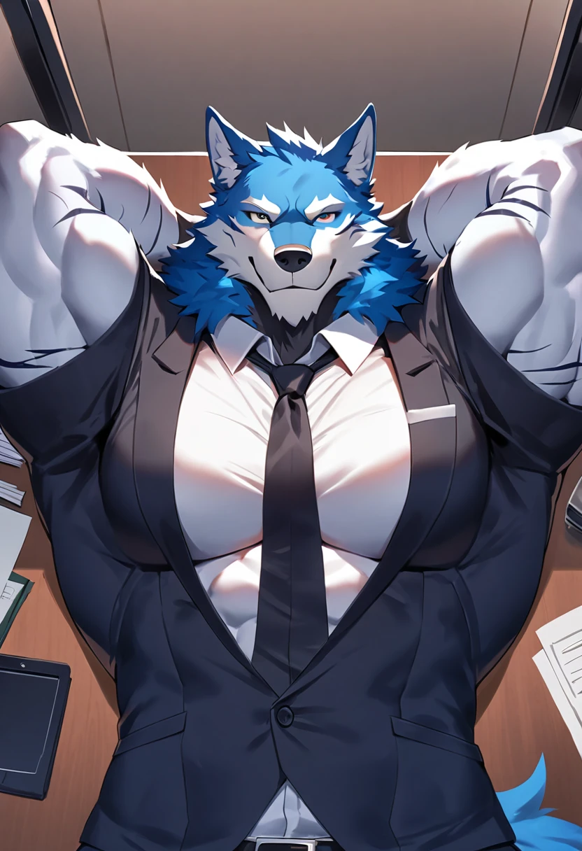 fenrir, wolf, 1boys, male, solo, dark blue fur, muscular, big tits, pecs, cool face, body scars, middle aged, office attire, black tie, laying, bottom angle, arms behind head