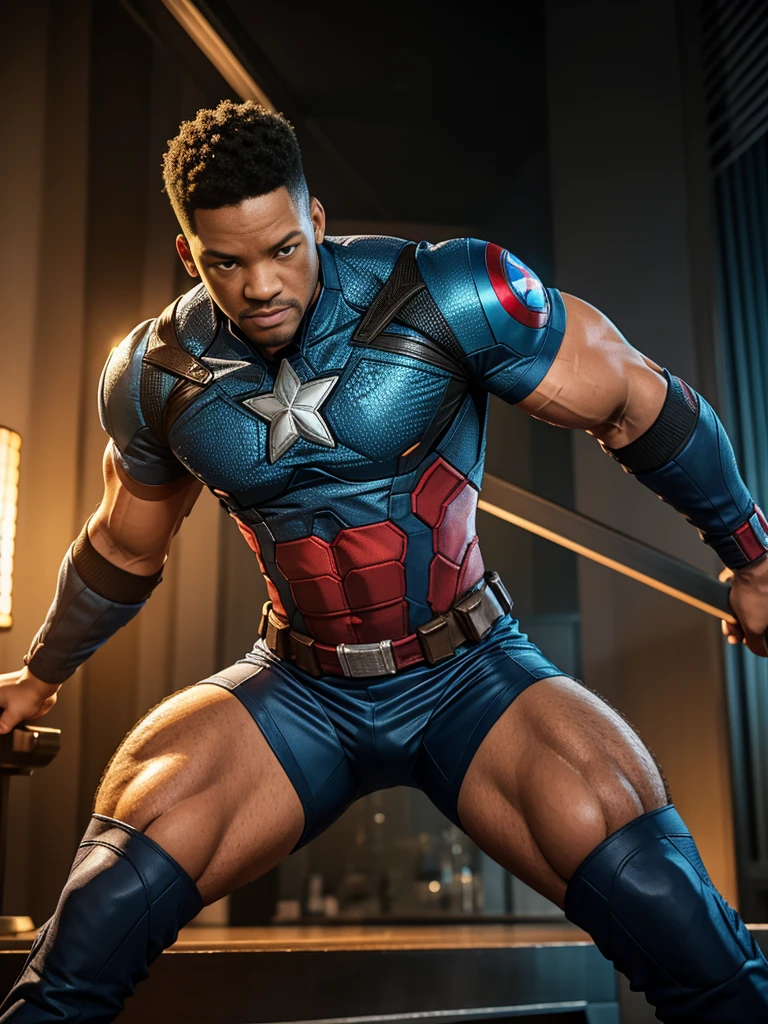 . .Tarantino style Will Smith as Captain America 8k, high definition, detailed face, detailed face, detailed eyes, detailed suit, in style of marvel and dc, hyper-realistic, + cinematic shot + dynamic composition, incredibly detailed, sharpen, details + superb details + evening with light + perfectionism + award winning realism ((moody lighting))
