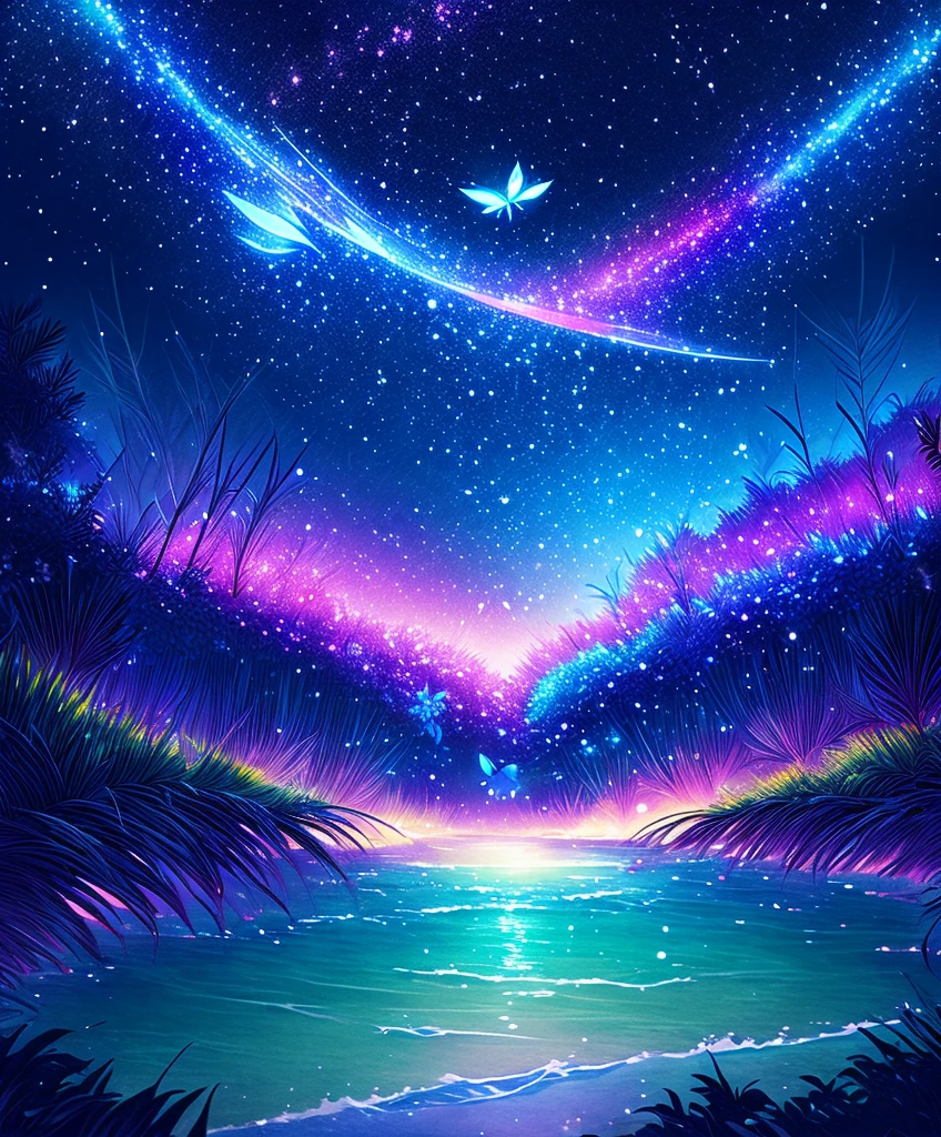 Cute girl characters、Iridescent grass々Drawing a butterfly flying over the water, Looking up at the starry sky. Surround her with colorful nebulae and colorful forests.