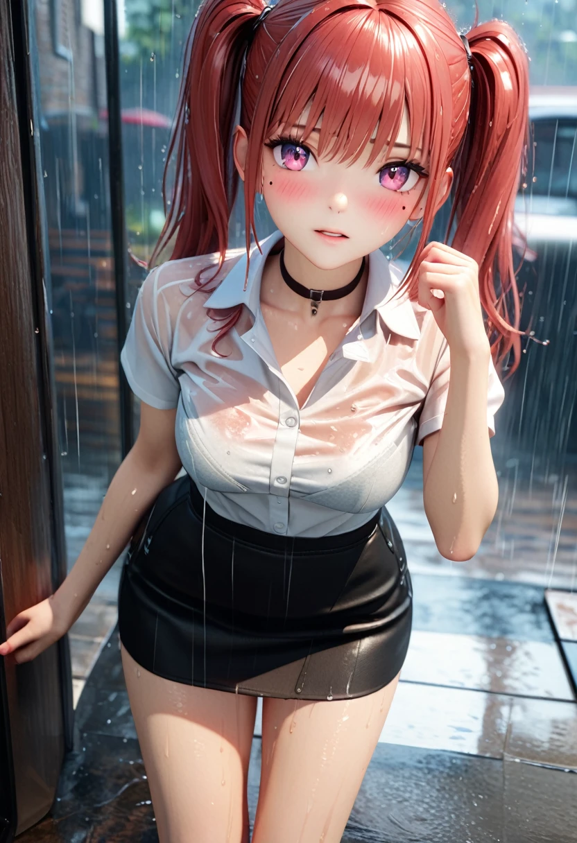 masterpiece, Highest quality, Very detailed, High resolution, expensive resolution, High resolution, 4K, 8K, ユニティ 8K 壁紙, Extremely detailed CG, masterpiece, 2D, 3d, Beautiful details, depth, Fine texture, Highest quality: 1.3, Perfect focus, Clear Skin, he, rain, Wet, Wet clothes: 1.Two very cute anime girls, (bra visible through white blouse Wet from pouring rain, mini skirt), Large Breasts, expensive twin tails hair, One Girl, rain, (raindrops dripping from Wet hair, bra visible through thin blouse Wet from rain, mini skirt), Mole under eye, View your viewers, expensive, blush, Mole, Open your lips, heart, Pink Eyes, choker, White transparent bra