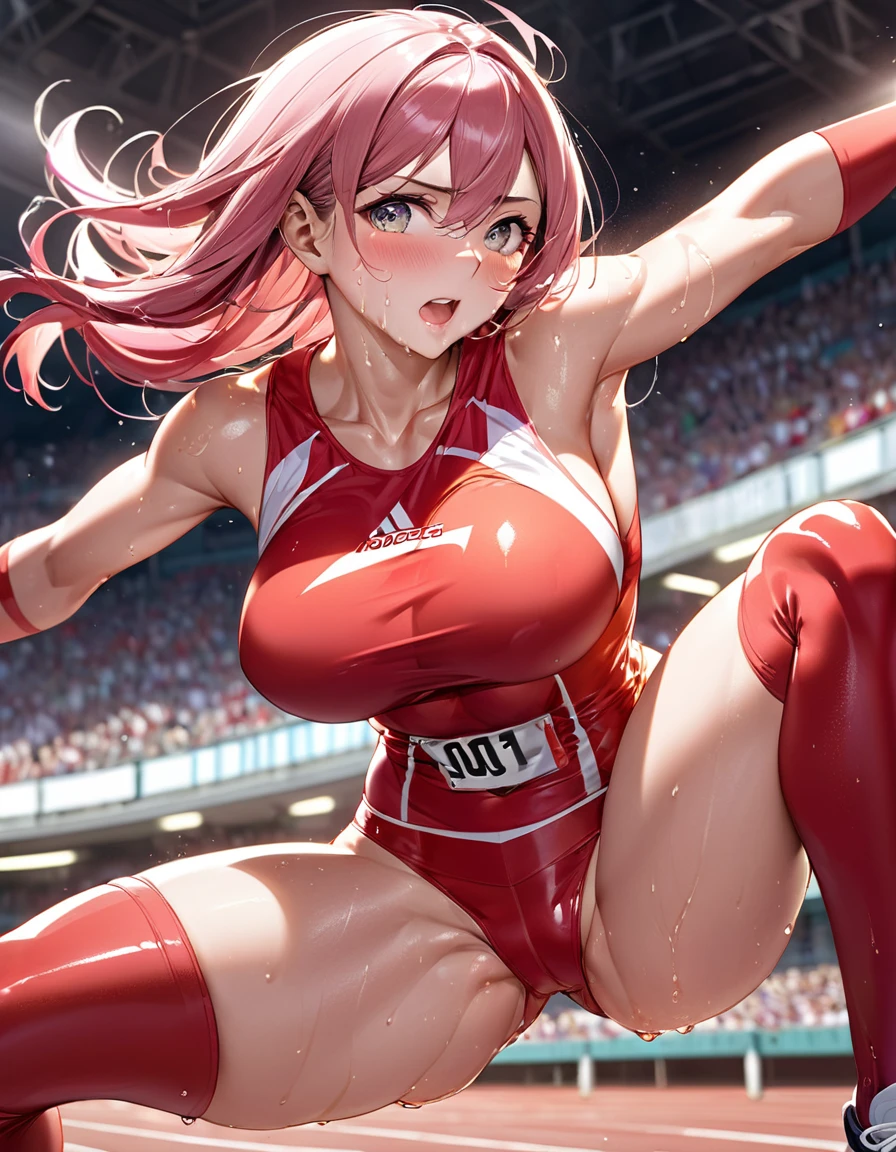 Woman doing athletics,(Highest quality,Extremely detailed depiction,Incredibly absurd high resolution,Anatomically accurate depiction),(Glowing Skin,Shiny skin,Sweat,Large Breasts),Jump,SFW:1.5,background:Athletics Stadium