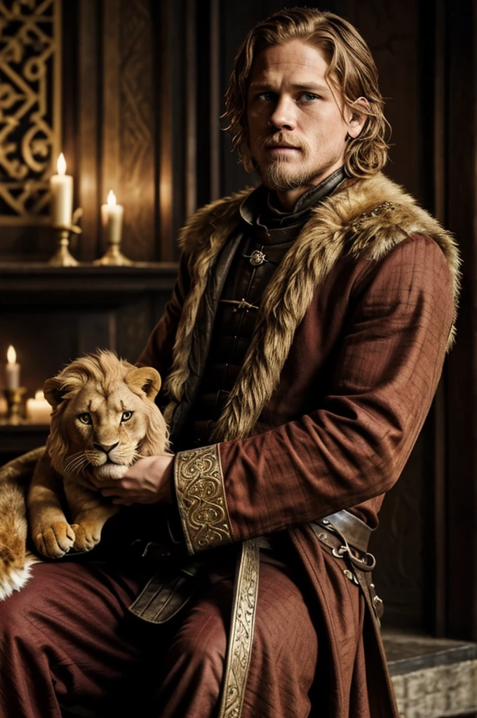 Charlie Hunnam, Lannister, The Lord of Casterly Rock, Game of Thrones, crimson clothes, lion on clothes, gold jewelry