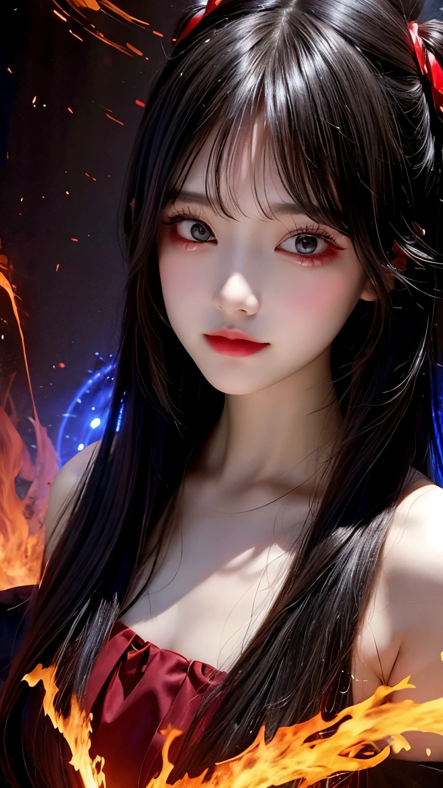 1girl, black hair, red eyes, fire witch, blood, light particles, light rays, wallpaper, high contrast, colorful,