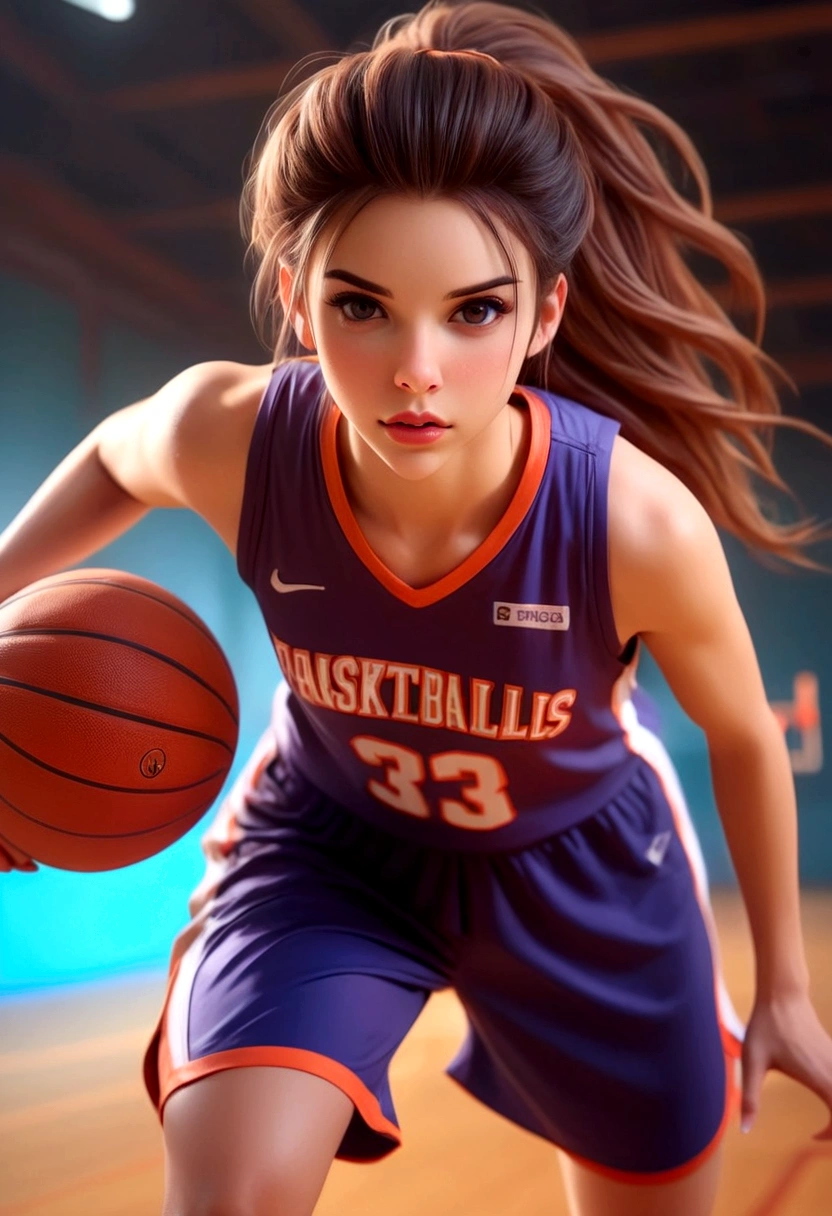 a cute woman in a flattering basketball outfit, playing basketball in an empty gymnasium, detailed face and body, realistic, high quality, 8k, photorealistic, professional lighting, dynamic pose, athletic, sporty, fit, healthy, glowing skin, beautiful eyes, detailed facial features, detailed basketball uniform, shiny hardwood floor, bright and airy gymnasium interior, warm lighting, dramatic shadows, cinematic composition, vibrant colors
