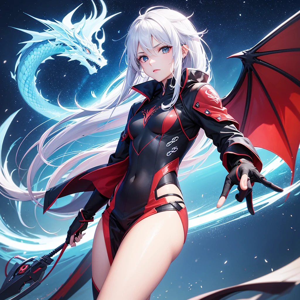 Muscular woman, alone, a white windbreaker, White trousers, Gray Hair, Black hair, A woman with Japanese features, Dragon Horn, purple military boots, Wicked Smile, Dark brown eyes, Fantastic landscape, walking through a fire of darkness.