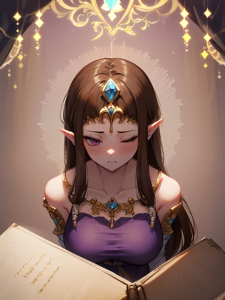 ((((Very beautiful mature woman)))),((surprised),((Scared)),((Close one eye)),((((Exposed shoulders)))),(((look up))),,((()),,(((Long Hair)))),((Big Breasts)),((((Exposed shoulders)))),((Front Face)),Princess Zelda, ((Highest quality)),,(Very detailed) ,,((Purple blouse)),Brown Hair,((Embarrassed look)),Blushing, ((Highest quality)), (Very detailed), ,(((Dark brown hair))),Nintendo, (Straight hair), face,Blushing,((alone)), ((Highest quality)), (Very detailed), ,