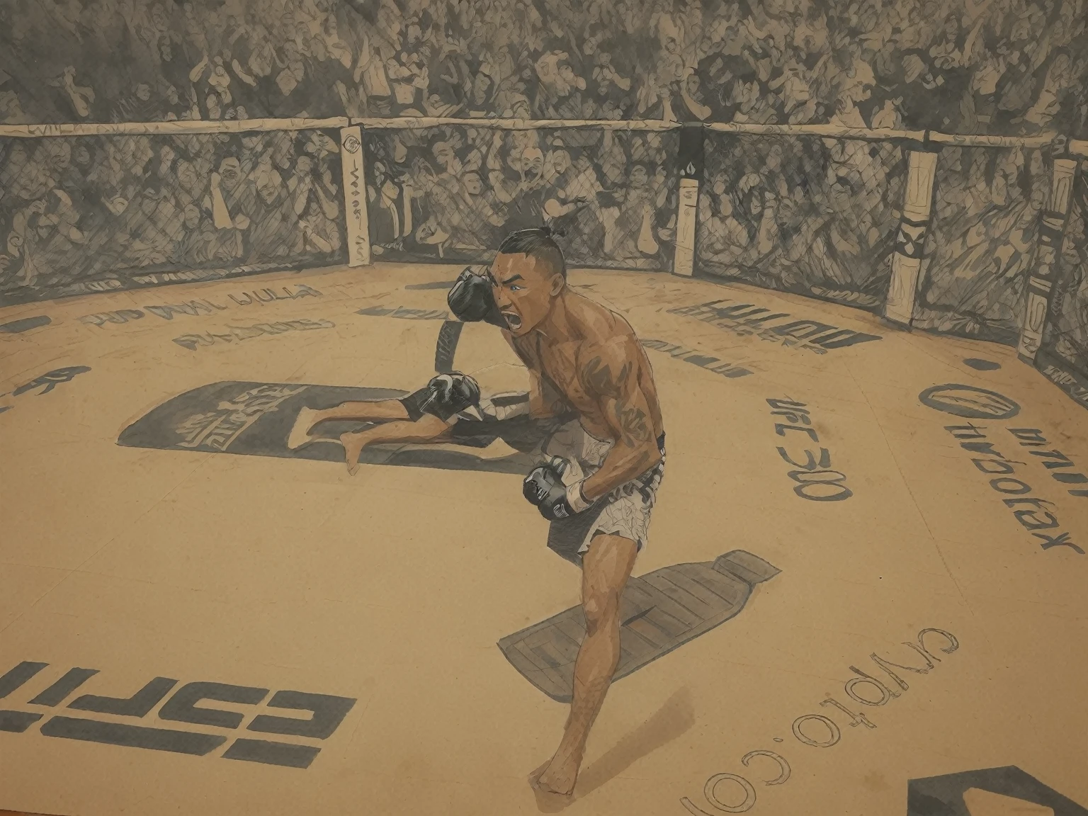 Max Blessed Holloway, ink and pen illustration, hand drawn splash panel, portrait, cel shading, strength, "I hope you guys are cheering for something", Puʻuwai, craftsmanship nuance, battle tested, heart of a fighter, cage fighting champion, Ula'ula, kumu, malama, pomaika 'i,