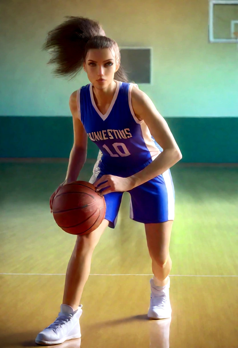 a cute woman in a flattering basketball outfit, playing basketball in an empty gymnasium, detailed face and body, realistic, high quality, 8k, photorealistic, professional lighting, dynamic pose, athletic, sporty, fit, healthy, glowing skin, beautiful eyes, detailed facial features, detailed basketball uniform, shiny hardwood floor, bright and airy gymnasium interior, warm lighting, dramatic shadows, cinematic composition, vibrant colors