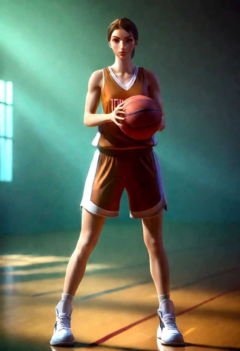 a cute woman in a flattering basketball outfit, playing basketball in an empty gymnasium, detailed face and body, realistic, high quality, 8k, photorealistic, professional lighting, dynamic pose, athletic, sporty, fit, healthy, glowing skin, beautiful eyes, detailed facial features, detailed basketball uniform, shiny hardwood floor, bright and airy gymnasium interior, warm lighting, dramatic shadows, cinematic composition, vibrant colors
