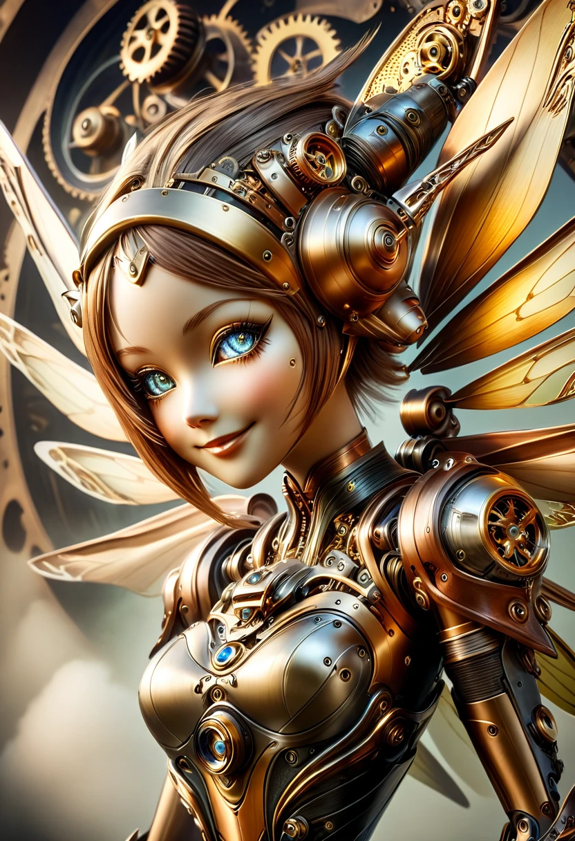 steampunkai。One Girl。Mechanical fairy。(smile)。(Close ~ eyes)。Floating in the air。Full body portrait。
