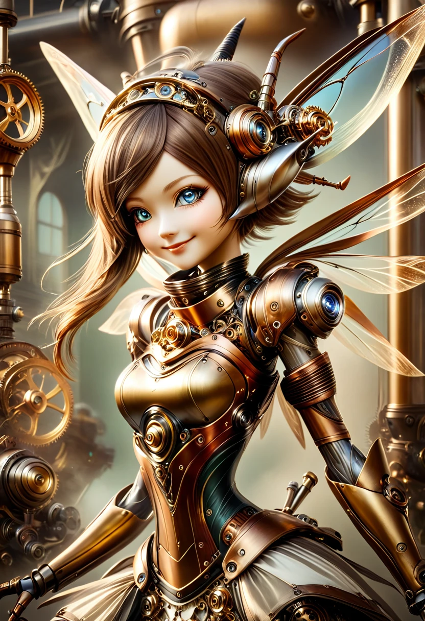 steampunkai。One Girl。Mechanical fairy。(smile)。(Close ~ eyes)。Floating in the air。Full body portrait。