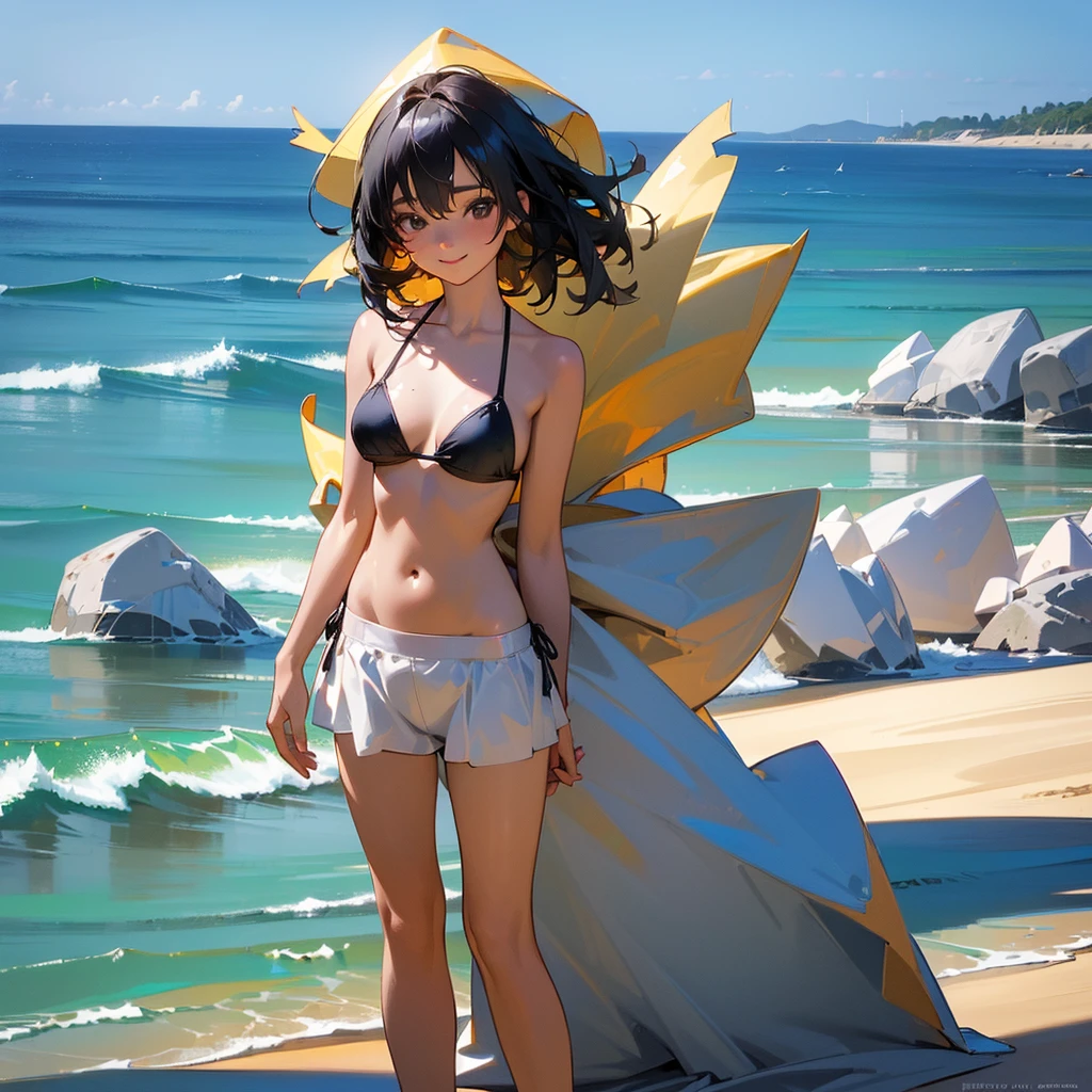 (high quality, High resolution, Very detailed, reality:1.37), Peaceful atmosphere, (Sandy Beach), age girl standing alone, (my breasts are big.), Beautiful details, Cute Smile, (Black bob hair), Bikini Swimwear, barefoot.