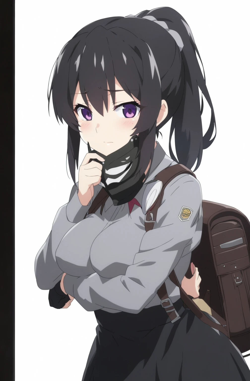 anime girl with a backpack and a mask on her face, purple eyes, anime moe artstyle, cute anime waifu in a nice dress, anime visual of a cute girl, beautiful anime high school girl, gray shirt, short skirt, anime girl with long hair, ponytail hairstyle, high quality anime artstyle, from girls frontline, anime style 4k, mature anime girl, anime girl wearing a black dress, kantai collection style,black shiny hair, taking off the mask, normal breast