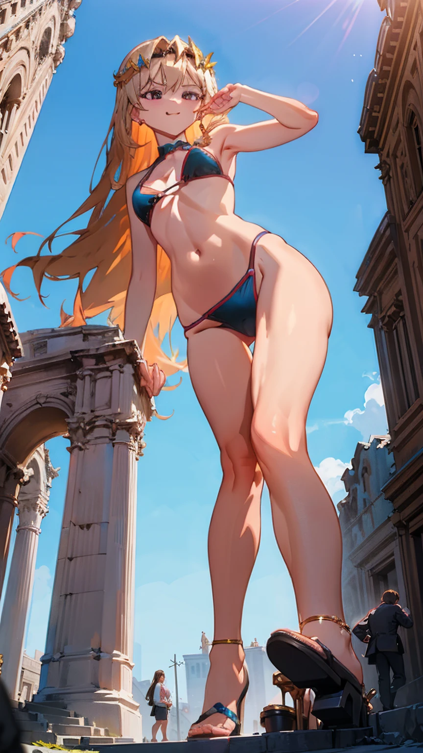 Enchanting giantess with flowing golden hair and deep brown eyes, dressed in a barely-there bikini, steps through an ancient city, her presence causing chaos. She looks at the tiny humans at her feet with a smirk. Giantess, Goddess, sexy legs, heels, hot, curvy body, mommy issues, small town, small people, tiny people, macrophilia, perspective from below, high quality, almost naked, mature woman.