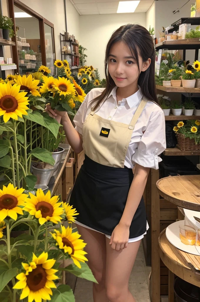 A 20-year-old girl working at a flower shop（Wearing a miniskirt and apron）have a sunflower