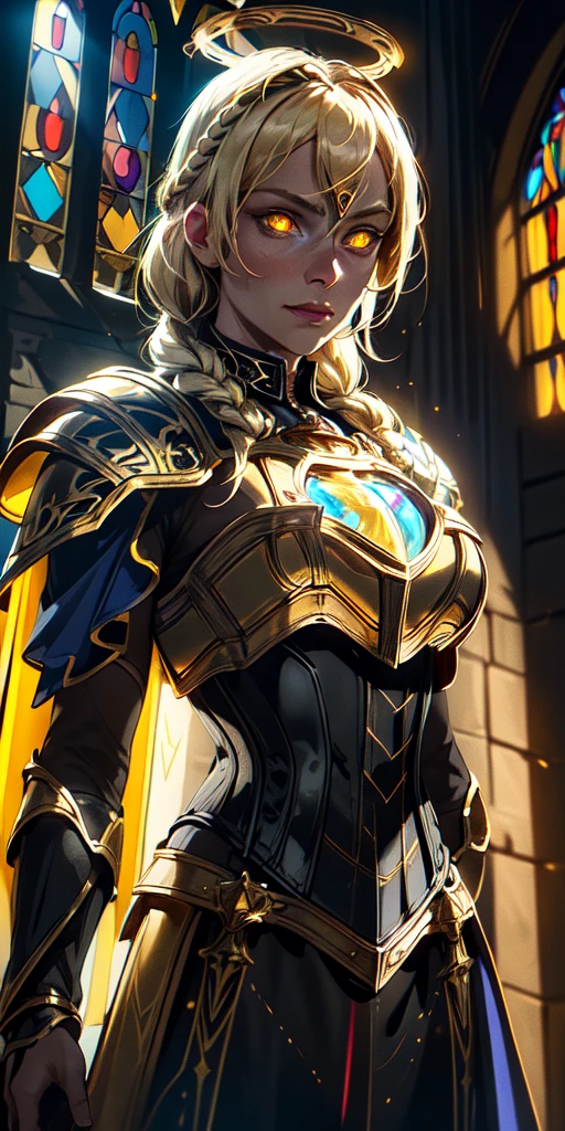 upper body of paladin lady in ornate golden armor, black collar, pauldrons, breastplate, corset, glowing halo, single braid, blonde, yellow glowing eyes, bright pupils, eye focus, red cape, temple indoors, stained glass windows, night, moonlight, particles, light beam, chromatic aberration
