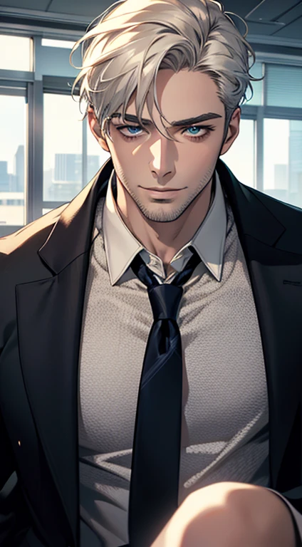 (best quality,4k,8k,highres,masterpiece:1.2),ultra-detailed,(realistic,photorealistic,photo-realistic:1.37),1 man,31 years old,mature man,very handsome,without expression,smile,short white hair,blue eyes,penetrating gaze,perfect face without errors,imposing posture,businessman,office background,cinematic lighting,hdr image