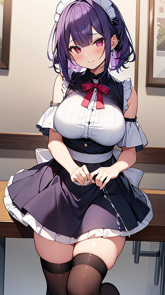 最high quality, high quality, Super detailed, 32k, Ultra-detailed details, Sister and maid, ( 立ってる, pretty girl, beautiful purple hair, ショートヘア, Beautiful RED eyes, Big Breasts, A light smile, Red eyes, Off-the-shoulder sleeveless Summer clothes, Summer casual maid clothes, Short skirt, Blue and white color striped underwear, Black knee socks, ローファー, My crotch is wet with love juice, 18-year-old,cute), {{The succubus peels the skin off her sister&#39;s face, sticks it on her face, and seduces her by dressing her as a maid.}}, She has transformed from a shy maid into a lewd one., A maid with her sister&#39;s face stuck on her face is vigorously pistoning her body, A maid who moves her body vigorously without caring if her breasts bounce, Super detailed, Full body image, 頭からつま先まで, NSFW