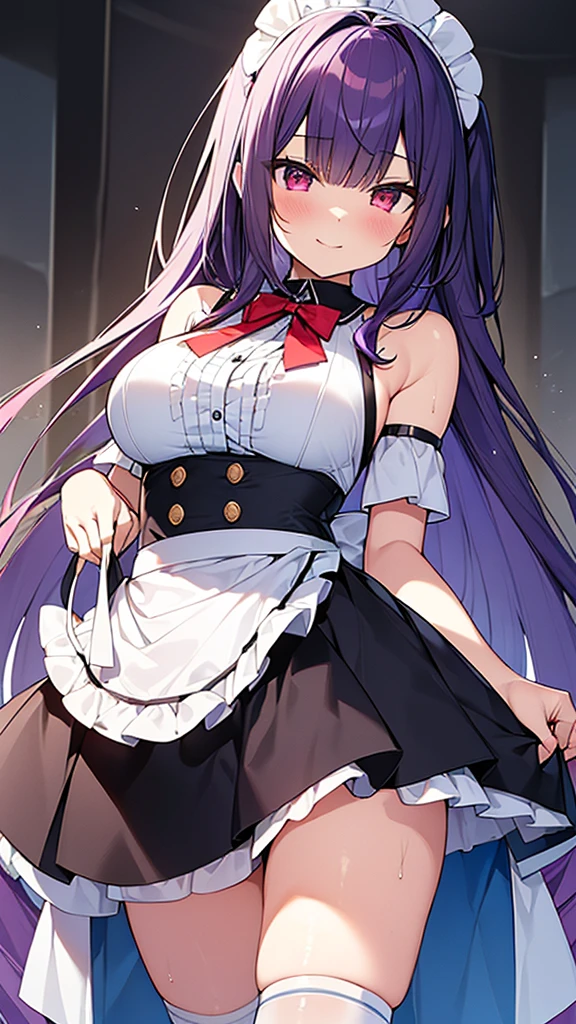 最high quality, high quality, Super detailed, 32k, Ultra-detailed details, Sister and maid, ( 立ってる, pretty girl, beautiful purple hair, ショートヘア, Beautiful RED eyes, Big Breasts, A light smile, Red eyes, Off-the-shoulder sleeveless Summer clothes, Summer casual maid clothes, Short skirt, Blue and white color striped underwear, Black knee socks, ローファー, My crotch is wet with love juice, 18-year-old,cute), {{The succubus peels the skin off her sister&#39;s face, sticks it on her face, and seduces her by dressing her as a maid.}}, She has transformed from a shy maid into a lewd one., A maid with her sister&#39;s face stuck on her face is vigorously pistoning her body, A maid who moves her body vigorously without caring if her breasts bounce, Super detailed, Full body image, 頭からつま先まで, NSFW