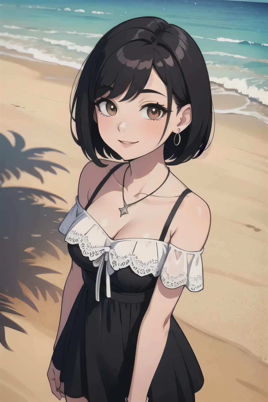 Best quality, Beautiful lighting, small breasts, cleavage, Black hair, Short Hair, Bob Hair, 1 Girl, Solo, jewelry, Earrings, Brown eyes, lace off-the-shoulder top, Off-the-shoulder attire: 1.4, black and white dress, Smile, collarbone, necklace, Bare shoulders, (complex detailed background, sandbeach, beachside, Greenery)