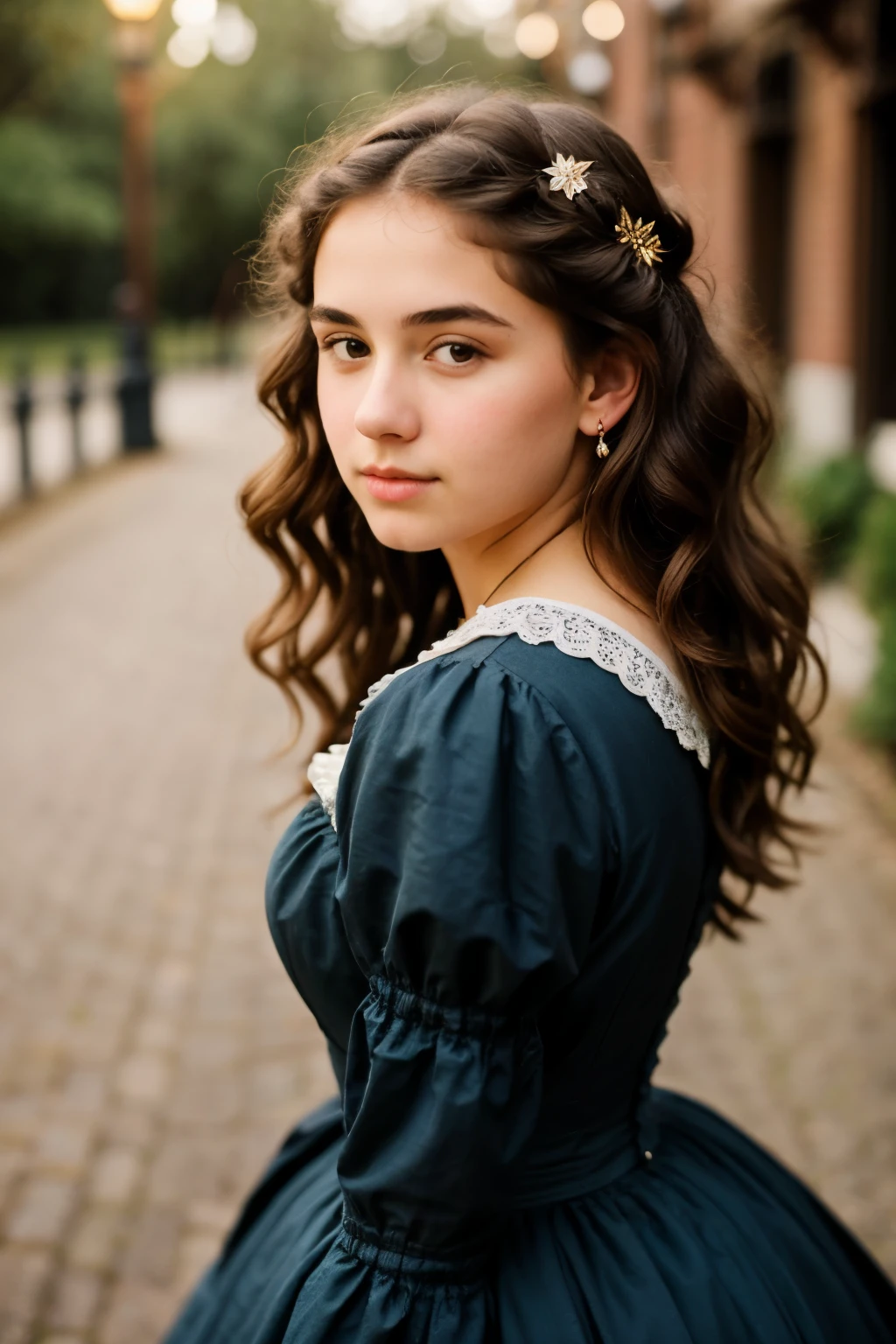 (a closeup of a beautiful 15 year old girl on a 19th century street in a vintage dress), (Serious:0.5), (Very detailed face:1.4), ass point of view, Nikon D850, film stock photography, 4 Kodak Portra 400, f1 camera.6 lenses, saturated colors, Hyper realistic, realistic texture, dramatic lighting, Cinestill 800, 19th century Victorian style, evening, vintage lighting, medium curly hair